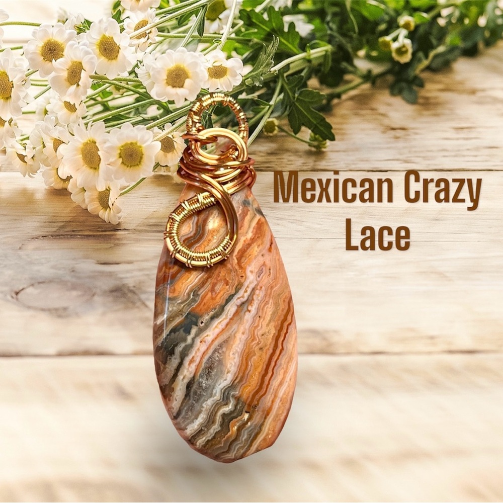 Genuine crazy lace agate wire wrapped artisan pendant